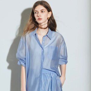 TOYOUTH Women French Blue Tencel Shirt Lightweight Sun Protection Top (M)